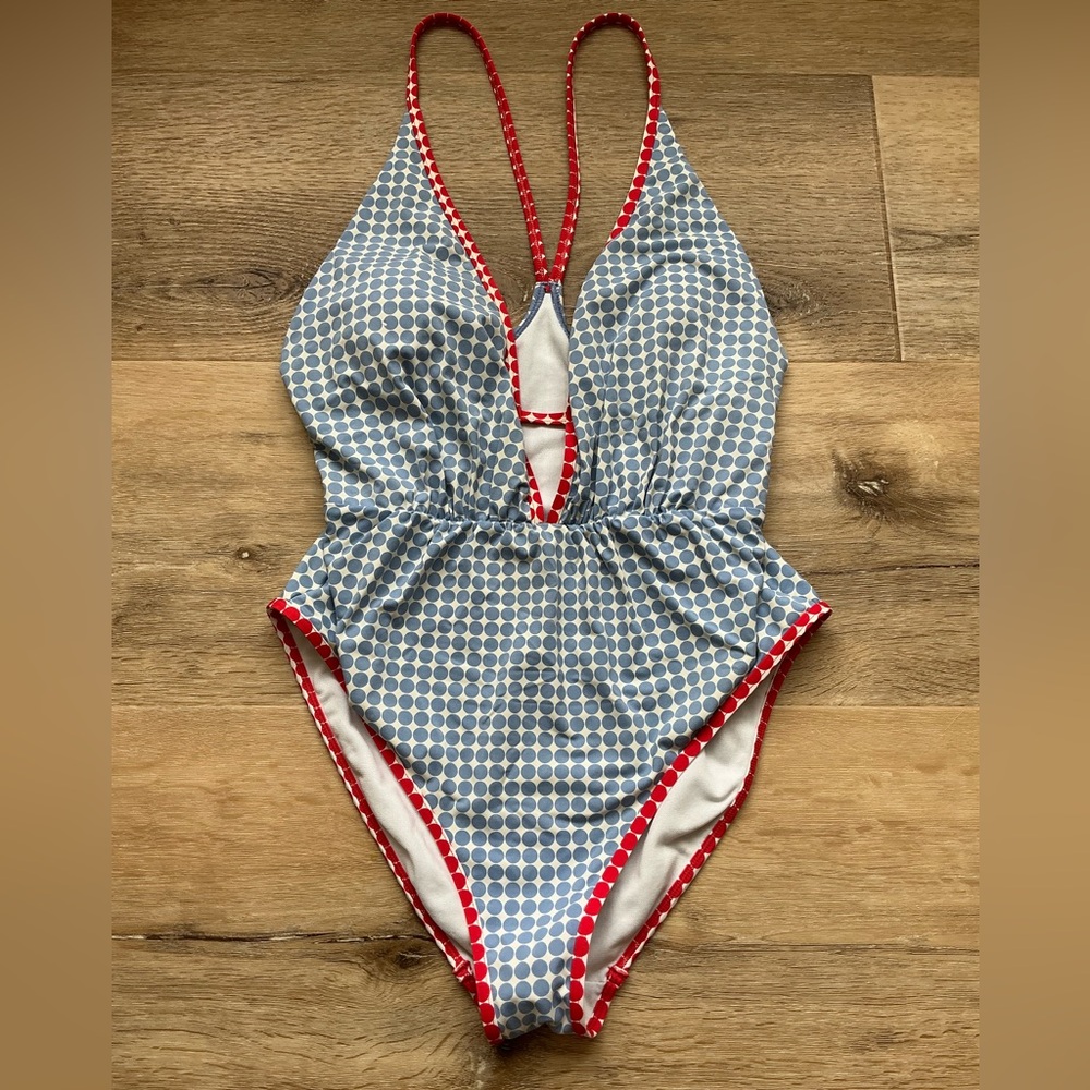 Cremieux Women’s Swimsuit EUC Blue & White polka dot Size M One Piece